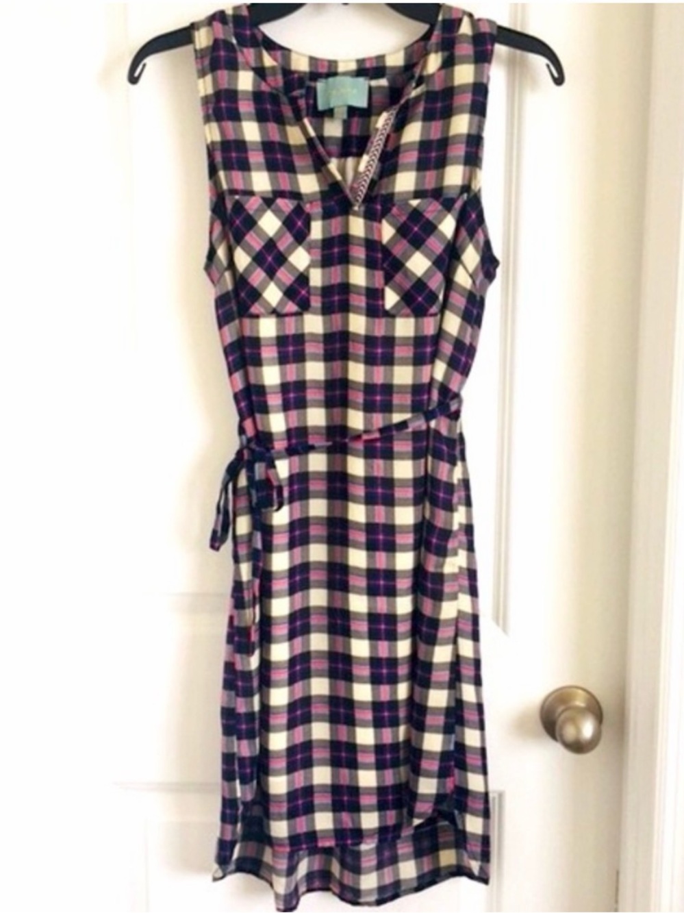 Skies Are Blue Plaid Belted Tunic Dress | Navy & Pink | Size XS